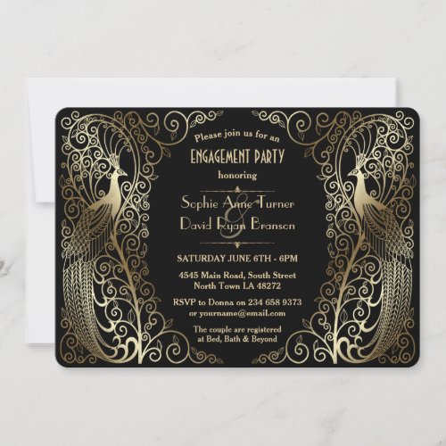 Glam Gold Art Deco Peacocks Engagement Party Invitation