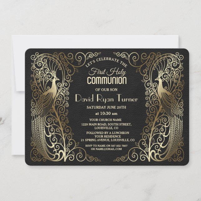 Glam Gold Art Deco Peacocks First Holy Communion Invitation (Front)