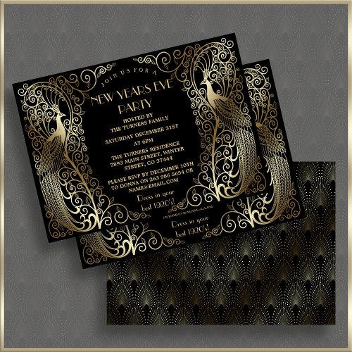 Glam Gold Art Deco Peacocks New Years Eve Invitation