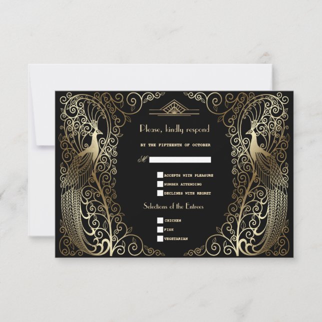Glam Gold Art Deco Peacocks Senior Wedding RSVP Card (Front)