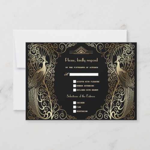 Glam Gold Art Deco Peacocks Senior Wedding RSVP Card