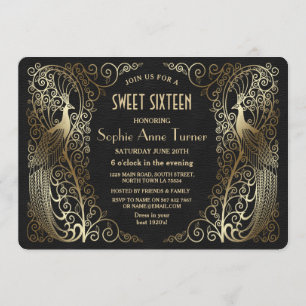 Glam Gold Art Deco Peacocks Sweet Sixteen Party Invitation
