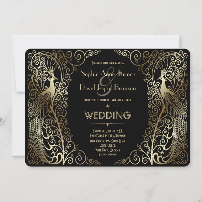 Glam Gold Art Deco Peacocks Wedding Invitation (Front)