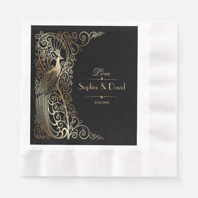 Glam Gold Art Deco Peacocks Wedding Napkins (Front)