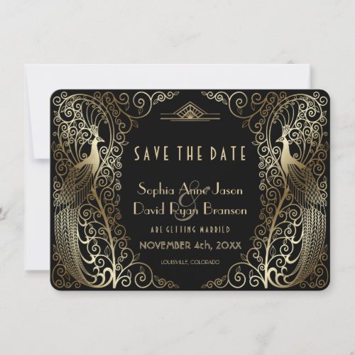 Glam Gold Art Deco Peacocks Wedding Save The Date