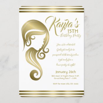 Glam Gold Beauty Girl Hair & Makeup Salon Party Invitation by printabledigidesigns at Zazzle