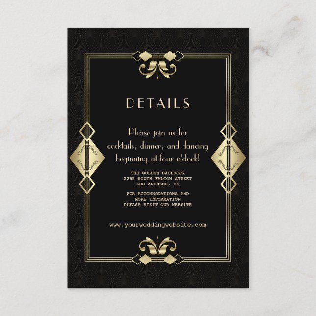 Glam Gold Black Art Deco 20s Wedding Reception  Enclosure Card (Front)