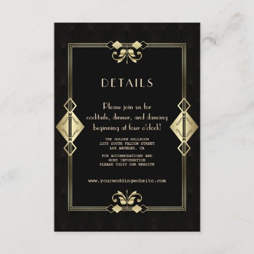 Glam Gold Black Art Deco 20s Wedding Reception  Enclosure Card