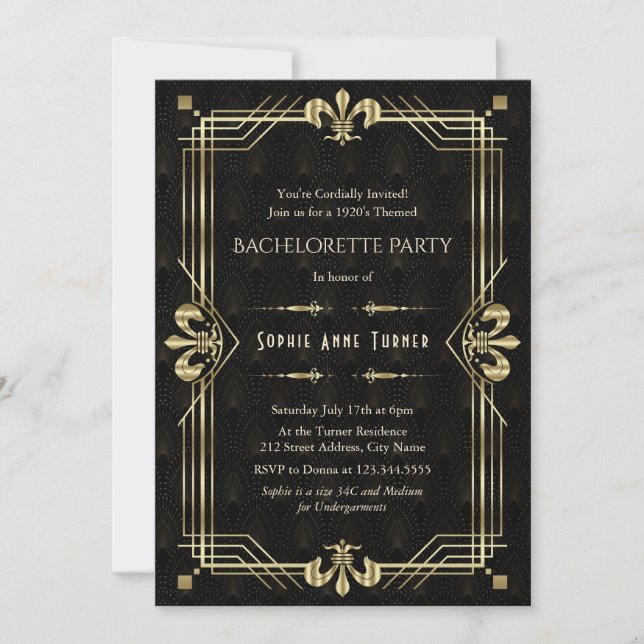 Glam Gold Black Art Deco Bachelorette Party  Invitation (Front)