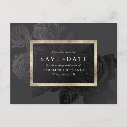 Glam gold black botanical floral save the date announcement postcard