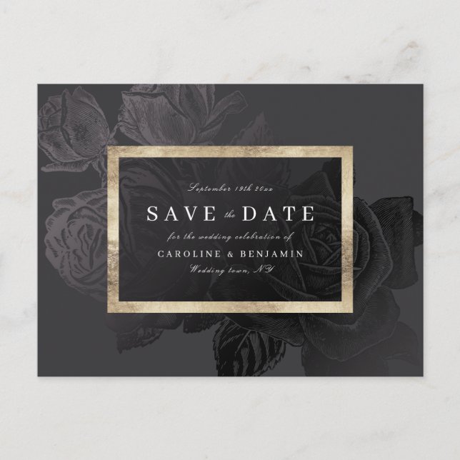 Glam gold black botanical floral save the date announcement postcard (Front)