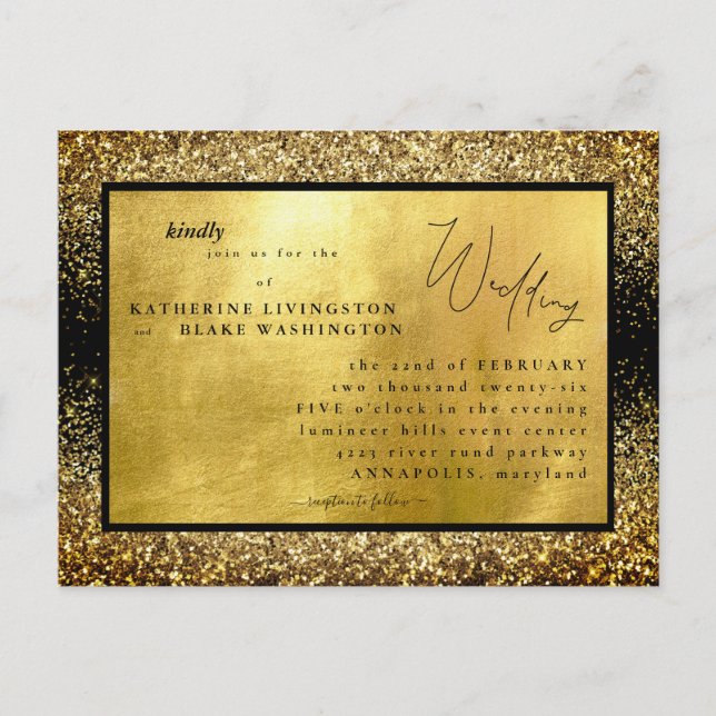 Glam Gold & Black Budget Wedding  Invitation Postcard (Front)