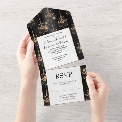 Glam Gold Black Chandeliers All In One Invitation