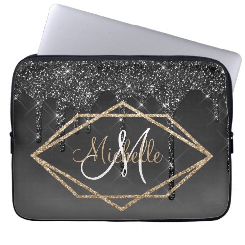 Glam Gold Black Glitter Sparkle Monogram Name   Laptop Sleeve