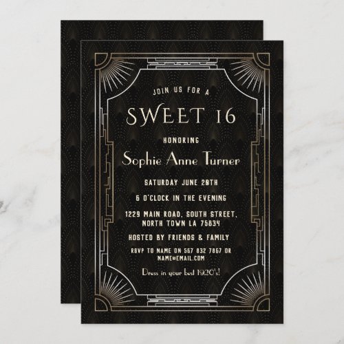 Glam Gold Black Great Gatsby Art Deco 20s SWEET 16 Invitation