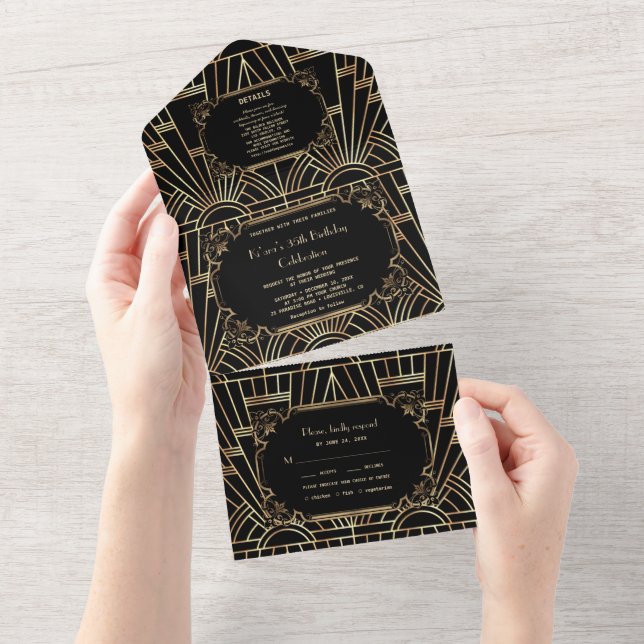 Glam Gold Black Great Gatsby Art Deco Birthday  All In One Invitation (Tearaway)