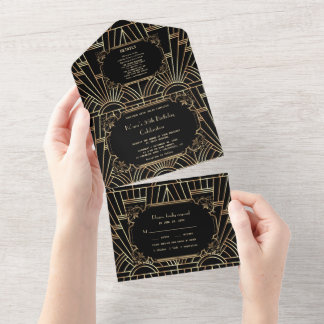 Glam Gold Black Great Gatsby Art Deco Birthday All In One Invitation