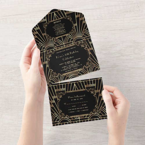 Glam Gold Black Great Gatsby Art Deco Birthday  All In One Invitation