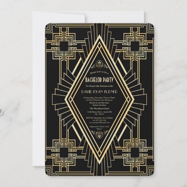Glam Gold Black Great Gatsby Bachelor Party Invitation (Front)
