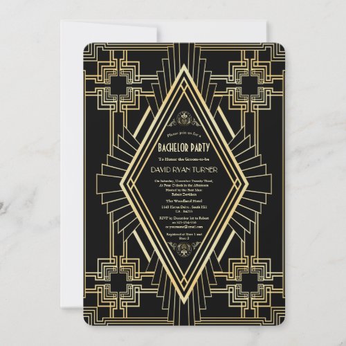 Glam Gold Black Great Gatsby Bachelor Party Invitation