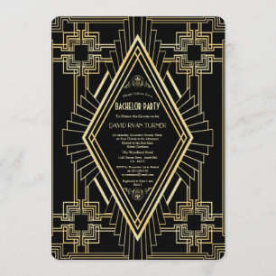 Glam Gold Black Great Gatsby Bachelor Party Invitation