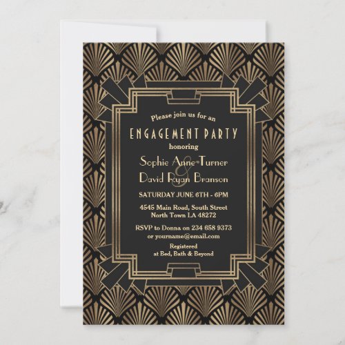 Glam Gold Black Great Gatsby Engagement Party Invitation
