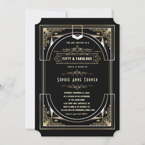 Glam Gold Black Great Gatsby Fifty And Fabulous Invitation