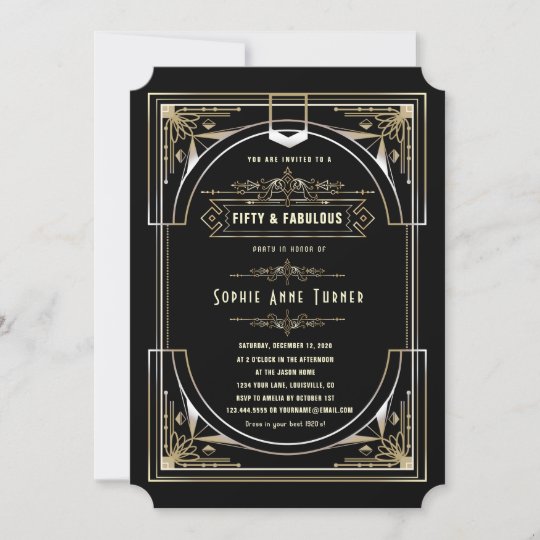 Glam Gold Black Great Gatsby Fifty And Fabulous Invitation | Zazzle.com