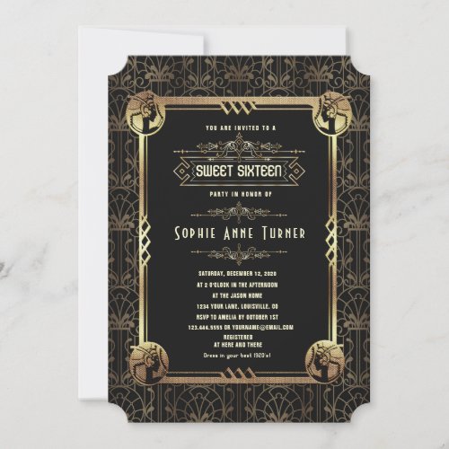 Glam Gold Black Great Gatsby Sweet Sixteen Invitation