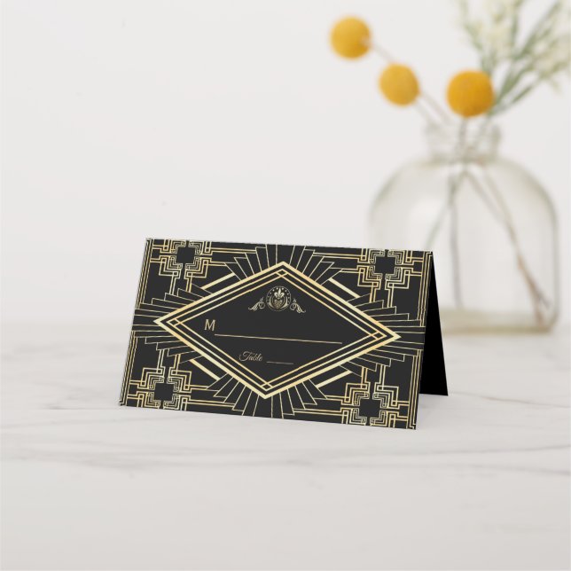 Glam Gold Black Great Gatsby Wedding Place Card (Front)