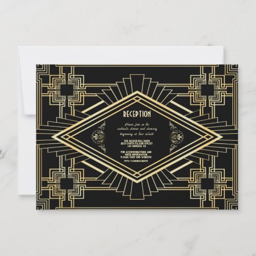 Glam Gold Black Great Gatsby Wedding Reception Invitation