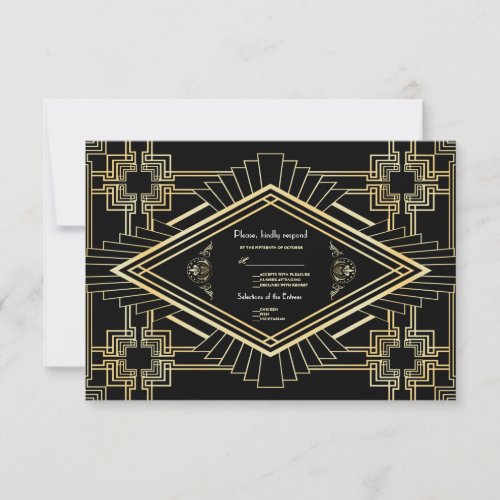 Glam Gold Black Great Gatsby Wedding RSVP