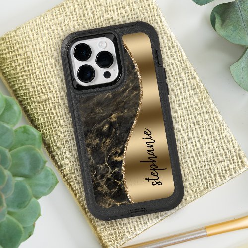 Glam Gold Black Marble Name OtterBox iPhone 14 Pro Max Case
