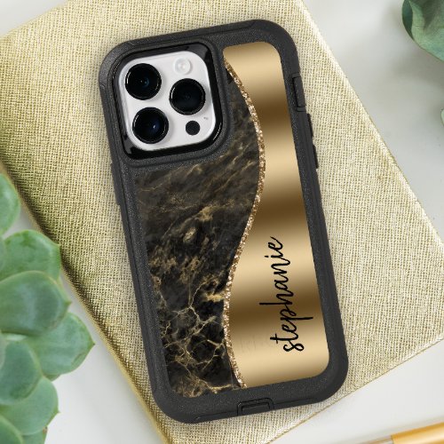 Glam Gold Black Marble Name OtterBox iPhone 14 Pro Max Case