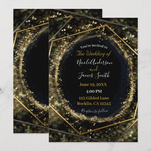 Glam Gold & Black Modern Abstract Glam Wedding Invitation (Front/Back)