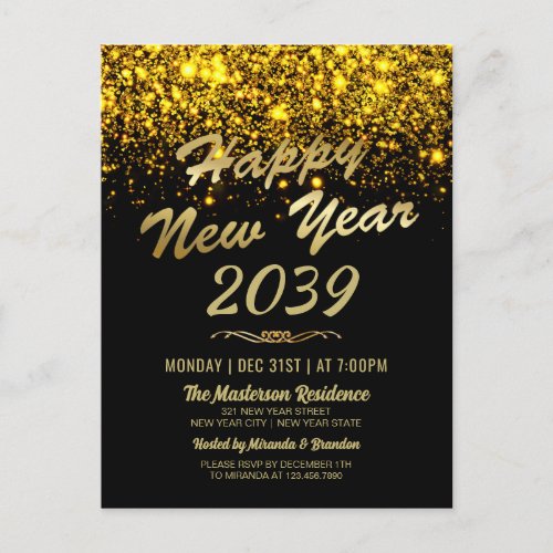 Glam Gold Black New Years Eve Party Invitation Postcard
