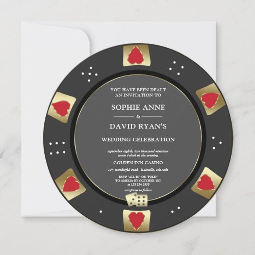 Glam Gold Black Poker Chip Casino QR Code Wedding  Invitation