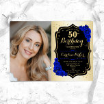 Glam Gold Black Royal Blue 50th Photo Birthday Invitation<br><div class="desc">Elegant floral feminine 50th birthday invitation with your photo. Glam design with faux gold. Features royal blue roses,  script font and confetti. Perfect for a stylish adult bday celebration party. Personalise with your own details. Can be customised for any age! Printed Zazzle invitations or instant download digital printable template.</div>