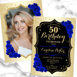 Glam Gold Black Royal Blue Photo 50th Birthday Invitation<br><div class="desc">Elegant floral feminine 50th birthday invitation with your photo at the back of the card. Glam design with faux gold. Features royal blue roses, script font and confetti. Perfect for a stylish adult bday celebration party. Personalise with your own details. Can be customised for any age! Printed Zazzle invitations or...</div>