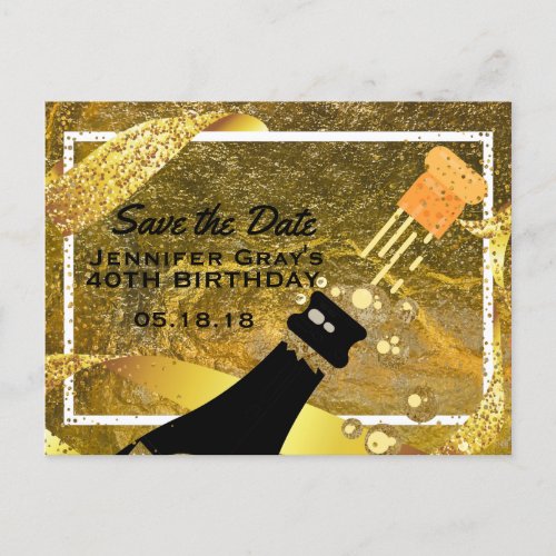 Glam Gold Black Save the Date Champagne Birthday Announcement Postcard