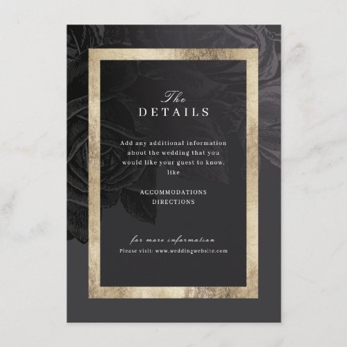 Glam gold black vintage floral wedding details enclosure card