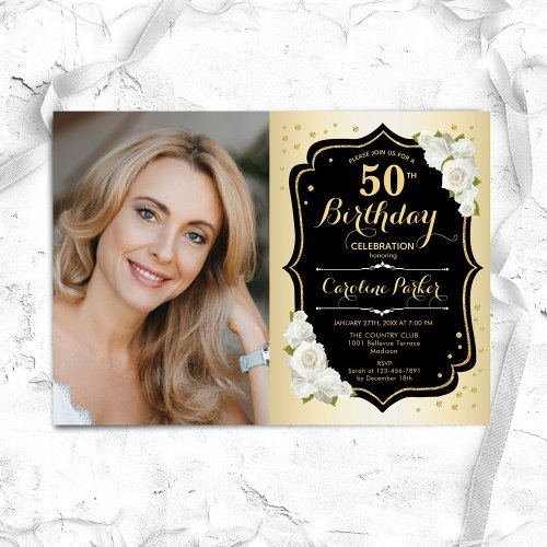 Glam Gold Black White 50th Photo Birthday Invitation