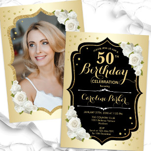 Glam Gold Black White Photo 50th Birthday Invitation