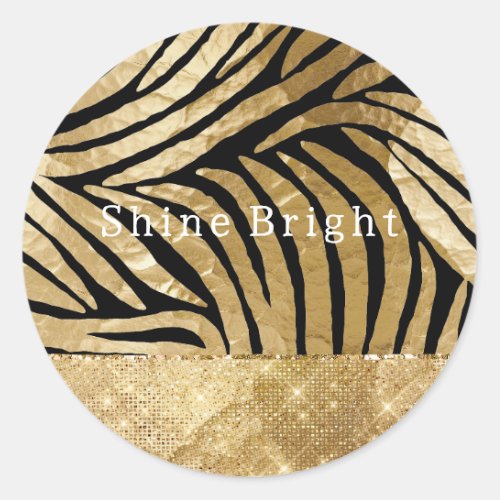 Glam Gold Black Zebra Animal Glitzy Sparkle  Classic Round Sticker