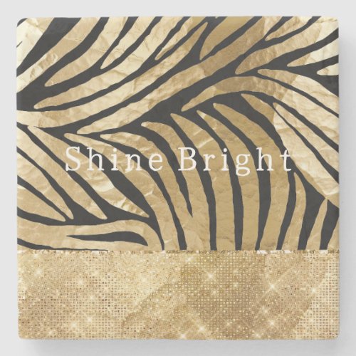 Glam Gold Black Zebra Animal Glitzy Sparkle  Stone Coaster