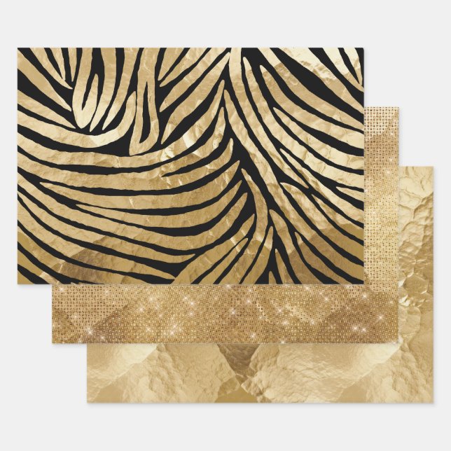 Glam Gold Black Zebra Animal Glitzy Sparkle  Wrapping Paper Sheets (Set)