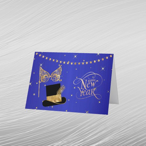 Glam Gold Blue Mask Hat New Year Holiday Card