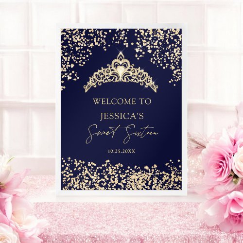 Glam gold blue princess tiara Sweet 16 Welcome Poster