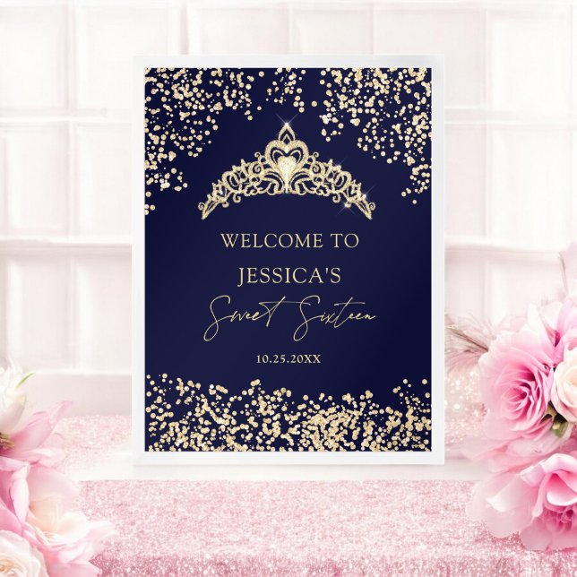 Glam gold blue princess tiara Sweet 16 Welcome Poster (Glam gold blue princess tiara Sweet 16 Welcome Poster)