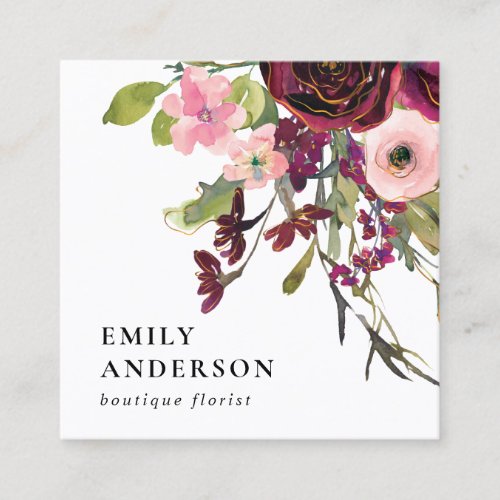 GLAM GOLD BLUSH BURGUNDY WATERCOLOR FLORAL SQUARE BUSINESS CARD